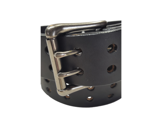 Our handmade Extra Heavy double hole leather belt is made from 12-14 oz. (approx 1/4" thick) bridle cowhide leather that is drum dyed all the way through. The double holes run the length of the belt. Buckle is a heavy double pronged roller buckle with antique nickel plated finish that is snapped in place on the end.  The width is 1 3/4", edges are smoothed and painted.  Made just outside Nashville in Smyrna, TN.  Available in black or brown.