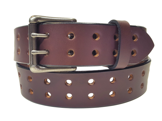 Our handmade Extra Heavy double hole leather belt is made from 12-14 oz. (approx 1/4" thick) bridle cowhide leather that is drum dyed all the way through. The double holes run the length of the belt. Buckle is a heavy double pronged roller buckle with antique nickel plated finish that is snapped in place on the end.  The width is 1 3/4", edges are smoothed and painted.  Made just outside Nashville in Smyrna, TN.  Available in black or brown.