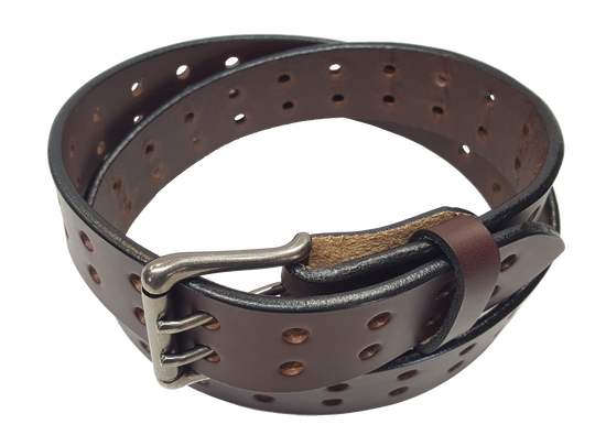 Our handmade Extra Heavy double hole leather belt is made from 12-14 oz. (approx 1/4" thick) bridle cowhide leather that is drum dyed all the way through. The double holes run the length of the belt. Buckle is a heavy double pronged roller buckle with antique nickel plated finish that is snapped in place on the end.  The width is 1 3/4", edges are smoothed and painted.  Made just outside Nashville in Smyrna, TN.  Available in black or brown.