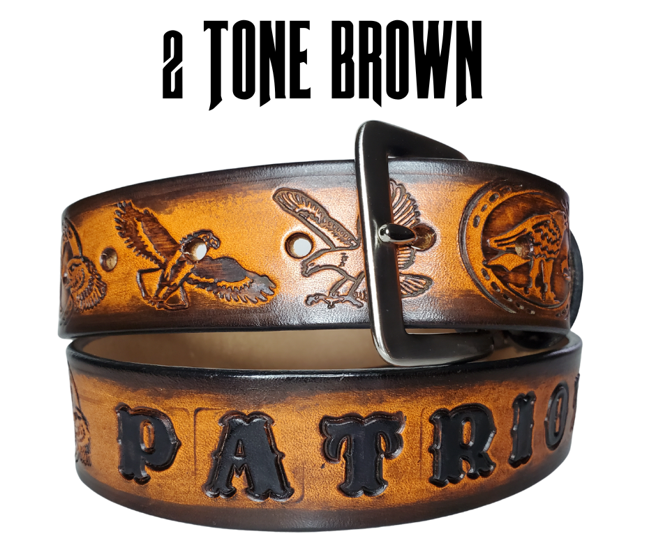 "The "Where Eagles Dare" is a handmade real leather belt made from a single strip of cowhide shoulder leather that is 8-10 oz. or approx. 1/8" thick. It has hand burnished (smoothed) edges and a 3 types of Eagles pattern. This belt is completely HAND dyed with a multi step finishing technic. The removeable antique nickel plated solid brass buckle is snapped in place with heavy snaps. Type Name or No Name in the Name box. This belt is made just outside Nashville in Smyrna, TN.