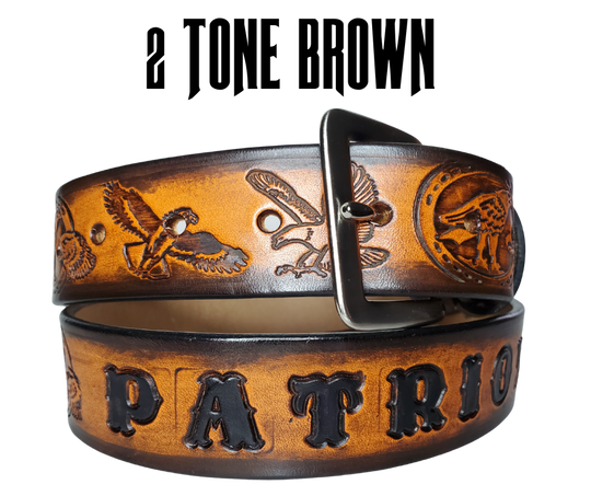 "The "Where Eagles Dare" is a handmade real leather belt made from a single strip of cowhide shoulder leather that is 8-10 oz. or approx. 1/8" thick. It has hand burnished (smoothed) edges and a 3 types of Eagles pattern. This belt is completely HAND dyed with a multi step finishing technic. The removeable antique nickel plated solid brass buckle is snapped in place with heavy snaps. Type Name or No Name in the Name box. This belt is made just outside Nashville in Smyrna, TN.