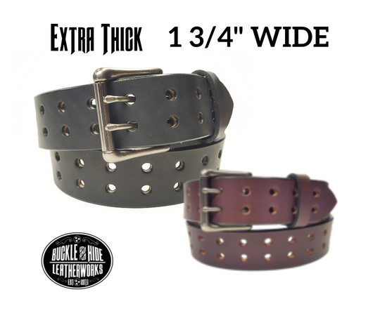 Our handmade Extra Heavy double hole leather belt is made from 12-14 oz. (approx 1/4" thick) bridle cowhide leather that is drum dyed all the way through. The double holes run the length of the belt. Buckle is a heavy double pronged roller buckle with antique nickel plated finish that is snapped in place on the end.  The width is 1 3/4", edges are smoothed and painted.  Made just outside Nashville in Smyrna, TN.  Available in black or brown.