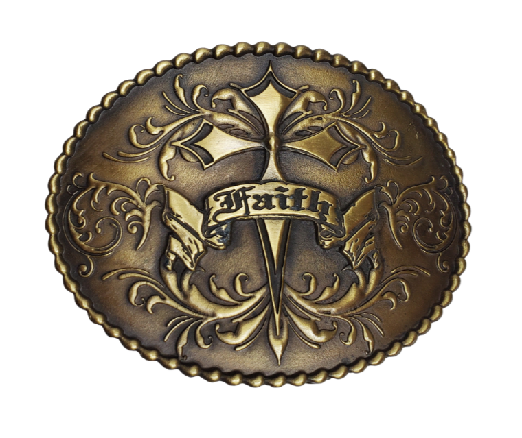 A Cross with a FAITH banner on a western influenced scroll and banner graphic completed with a beaded outside border on a oval shaped antique brass colored buckle. Perfect for 1 1/2" Brown or Black belts with it's Antiqued Nickel appearance. Buckle size is approx. 3" x 4" that makes it great for most body styles. Imported.