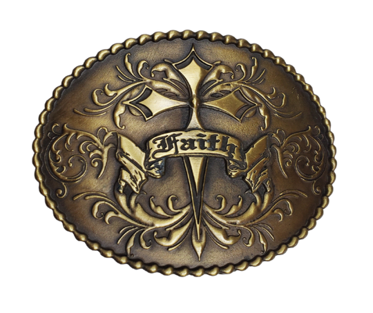 A Cross with a FAITH banner on a western influenced scroll and banner graphic completed with a beaded outside border on a oval shaped antique brass colored buckle. Perfect for 1 1/2" Brown or Black belts with it's Antiqued Nickel appearance. Buckle size is approx. 3" x 4" that makes it great for most body styles. Imported.