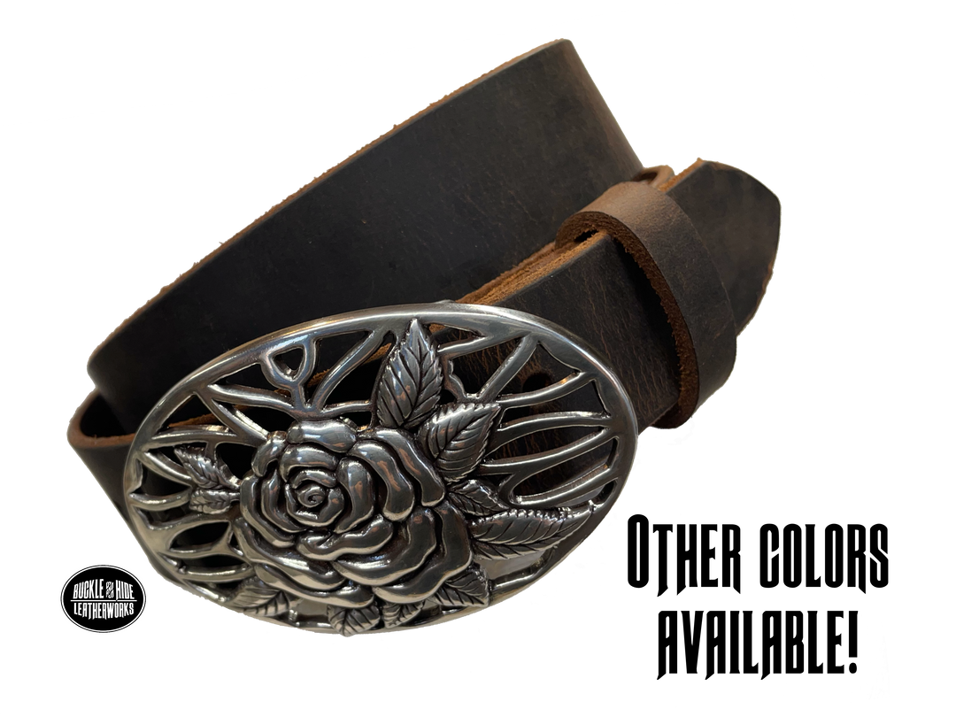 A Filigreed Rose design in Antique Nickel that looks great on plain 1 1/2" Black or Brown belt. Choose ONE belt strip color! A easy to wear oval shape that's not too big, measures approx. 3 7/8" wide by 2 1/2" tall. Belt is made from a single strip of leather in our shop in Smyrna, TN. Buckle is Imported. Available in our shop just outside Nashville in Smyrna, TN as well as online. Main picture