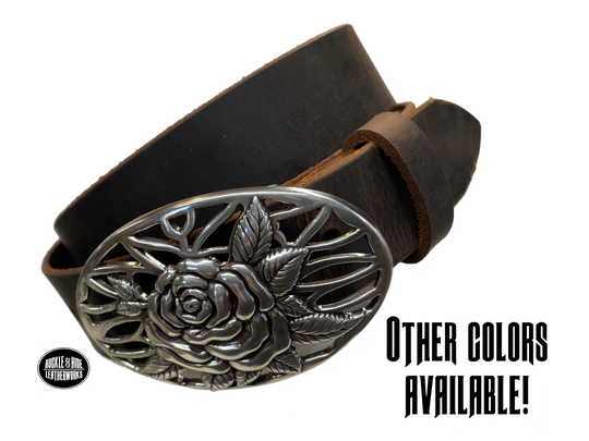 A Filigreed Rose design in Antique Nickel that looks great on plain 1 1/2" Black or Brown belt. Choose ONE belt strip color! A easy to wear oval shape that's not too big, measures approx. 3 7/8" wide by 2 1/2" tall. Belt is made from a single strip of leather in our shop in Smyrna, TN. Buckle is Imported. Available in our shop just outside Nashville in Smyrna, TN as well as online. Main picture