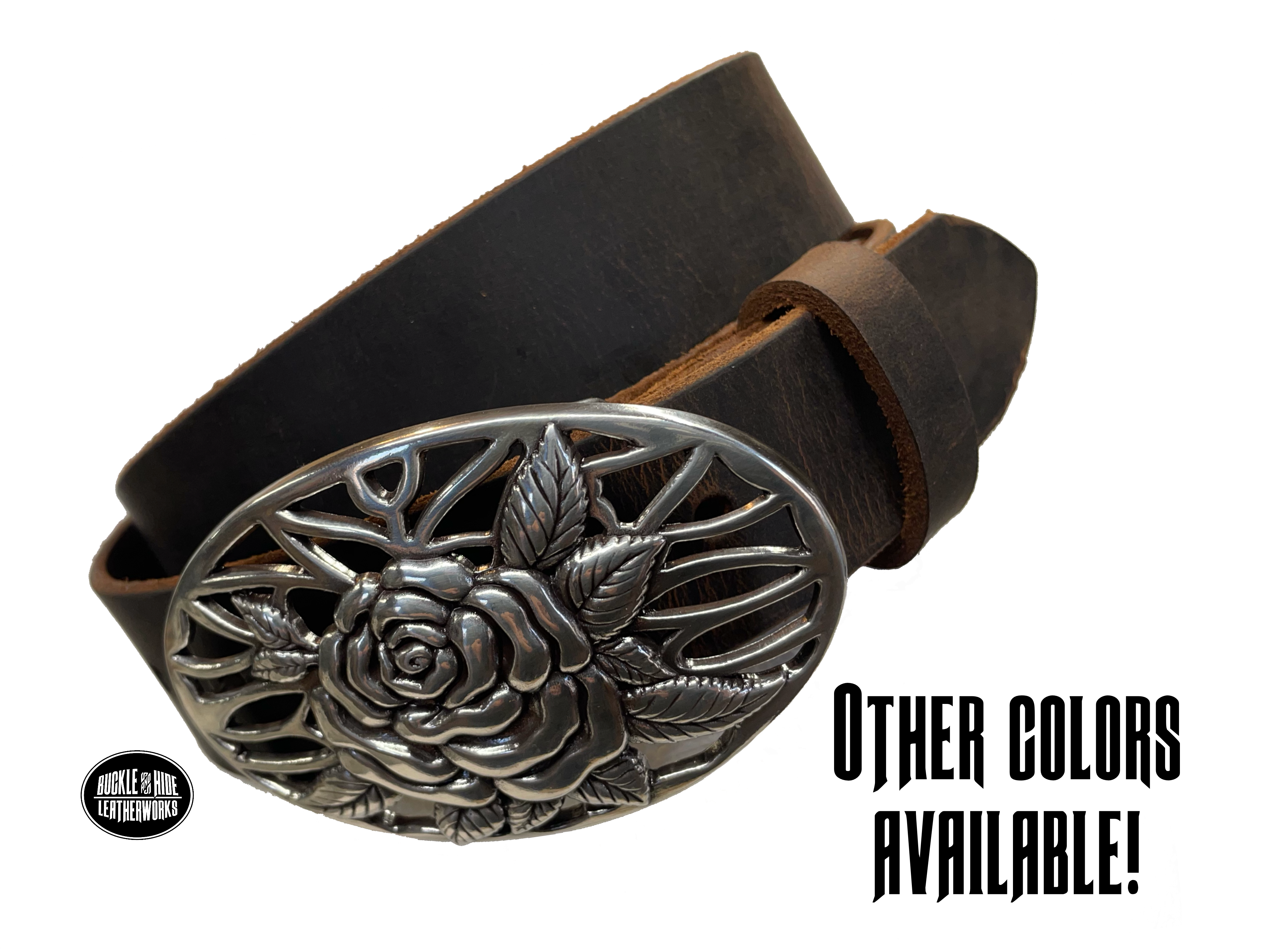 A Filigreed Rose design in Antique Nickel that looks great on plain 1 1/2" Black or Brown belt. Choose ONE belt strip color! A easy to wear oval shape that's not too big, measures approx. 3 7/8" wide by 2 1/2" tall. Belt is made from a single strip of leather in our shop in Smyrna, TN. Buckle is Imported. Available in our shop just outside Nashville in Smyrna, TN as well as online. Main picture