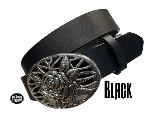 A Filigreed Rose design in Antique Nickel that looks great on plain 1 1/2" Black or Brown belt. Choose ONE belt strip color! A easy to wear oval shape that's not too big, measures approx. 3 7/8" wide by 2 1/2" tall. Belt is made from a single strip of leather in our shop in Smyrna, TN. Buckle is Imported. Available in our shop just outside Nashville in Smyrna, TN as well as online. Black belt.