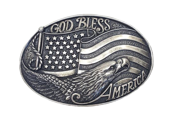 A patriotic antique silver colored, oval Nocona buckle  Intricately detailed flag and eagle head design    Dimensions 2 1/8" tall by 4" wide  Available online and in our shop in Smyrna, TN, just outside of Nashville 