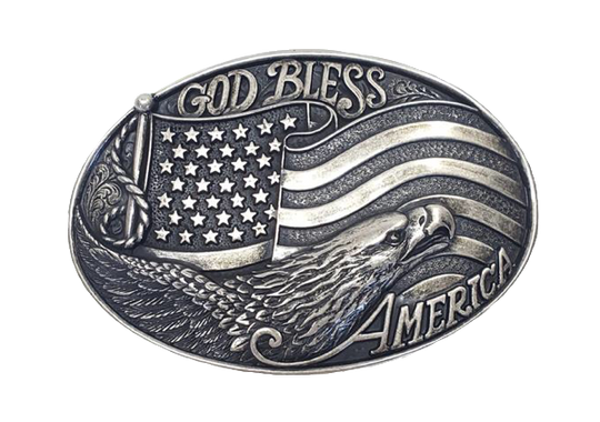 A patriotic antique silver colored, oval Nocona buckle  Intricately detailed flag and eagle head design    Dimensions 2 1/8" tall by 4" wide  Available online and in our shop in Smyrna, TN, just outside of Nashville 