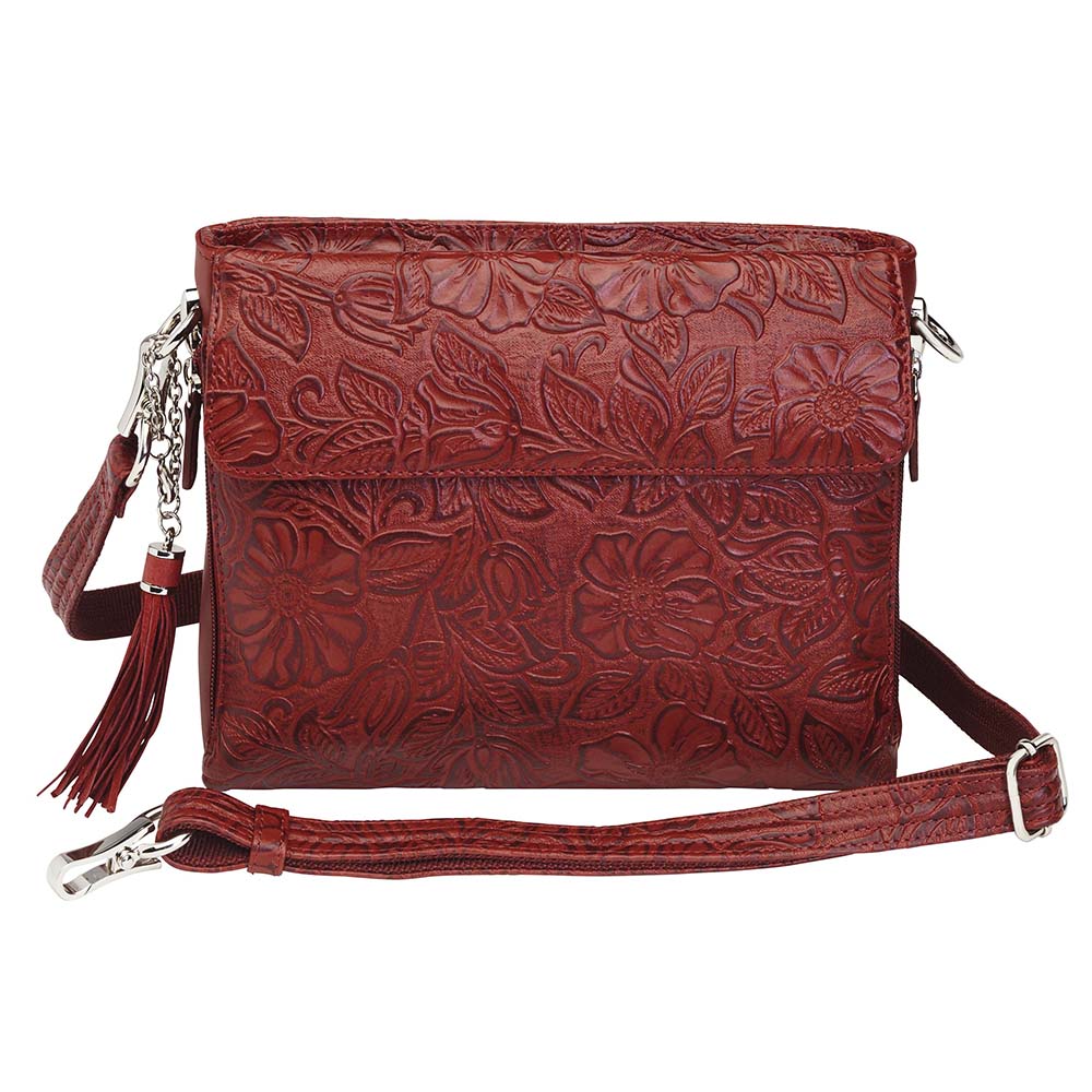 Tooled American Cowhide Clutch W/Carry Conceal Compartment. Designed for either Left or Right handed use, CCW special outside back compartment zips open on 3 sides, Special padding to prevent imprinting, Adjust holster to your comfort draw angle, Choose Black, Tan or Cherry. These are typically in-stock in our retail store in Smyrna, TN. not far from Nashville. Call for current stock.