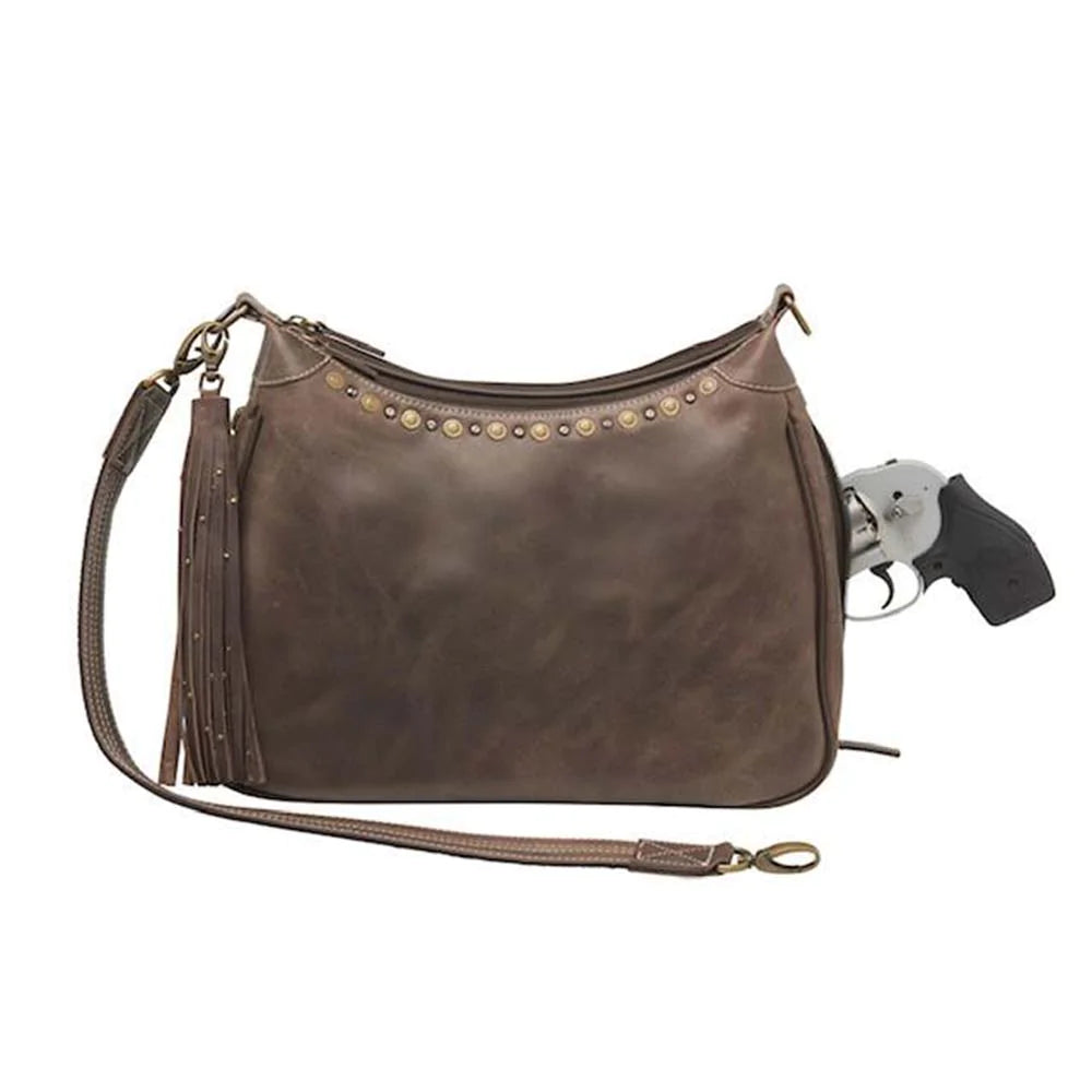 Carry Conceal Leather RFID Hobo Purse. Distressed Vintage Tanned Full Grain Buffalo Leather. Rich distressed patina comes with use &amp; age, Wonderfully soft from oils infused in tanning process Easily handles tuff daily use! Get yours at our Smyrna, TN store not far from Murfreesboro, Tn.