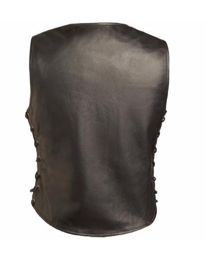 One of our best sellers! Available in Regular and tall. Ladies black leather riding vest has side laces, rounded v-neck collar, and has snap together front closure and a slight hour glass shape. It has two welt hip pockets and conceal carry inner front pockets. It has a single panel back.&nbsp; Available for purchase in our shop in Smyrna, TN, just outside Nashville.&nbsp; Available in sizes XS to 5X and is available in tall length. by First Man.