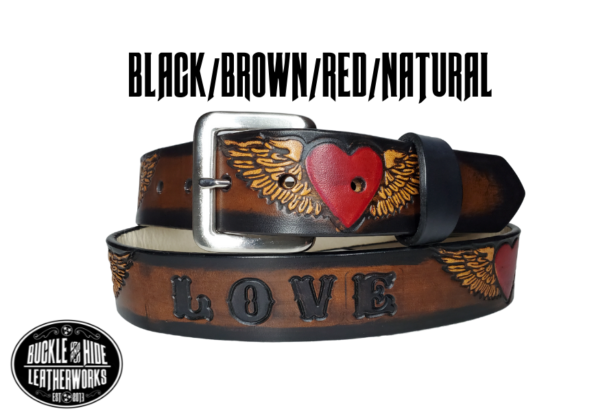 "The Love" is a handmade real leather belt made from a single strip of cowhide shoulder leather that is 8-10 oz. or approx. 1/8" thick. It has hand burnished (smoothed) edges and a Winged Heart pattern. This belt is completely HAND dyed with a multi step finishing technic or you can get in basic earth tones. The antique nickel plated solid brass buckle is snapped in place with heavy snaps.  This belt is made just outside Nashville in Smyrna, TN.