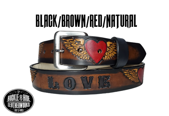 "The Love" is a handmade real leather belt made from a single strip of cowhide shoulder leather that is 8-10 oz. or approx. 1/8" thick. It has hand burnished (smoothed) edges and a Winged Heart pattern. This belt is completely HAND dyed with a multi step finishing technic or you can get in basic earth tones. The antique nickel plated solid brass buckle is snapped in place with heavy snaps.  This belt is made just outside Nashville in Smyrna, TN.