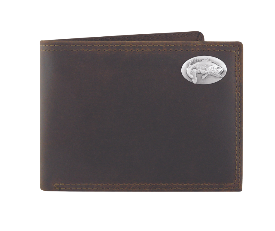 Distressed Brown bi-fold wallet with a Antique nickel oval concho with your choice of a Buck, Bass, or a Mallard duck Features... 2 large cash pockets, 3 card slots, 2 pockets under the card pockets, 2 slot I.D. holder that is "removeable" (see pic), also includes a clear card/picture sleeve  Ships in Tin gift box See our other wallets with your favorite College Sports teams.