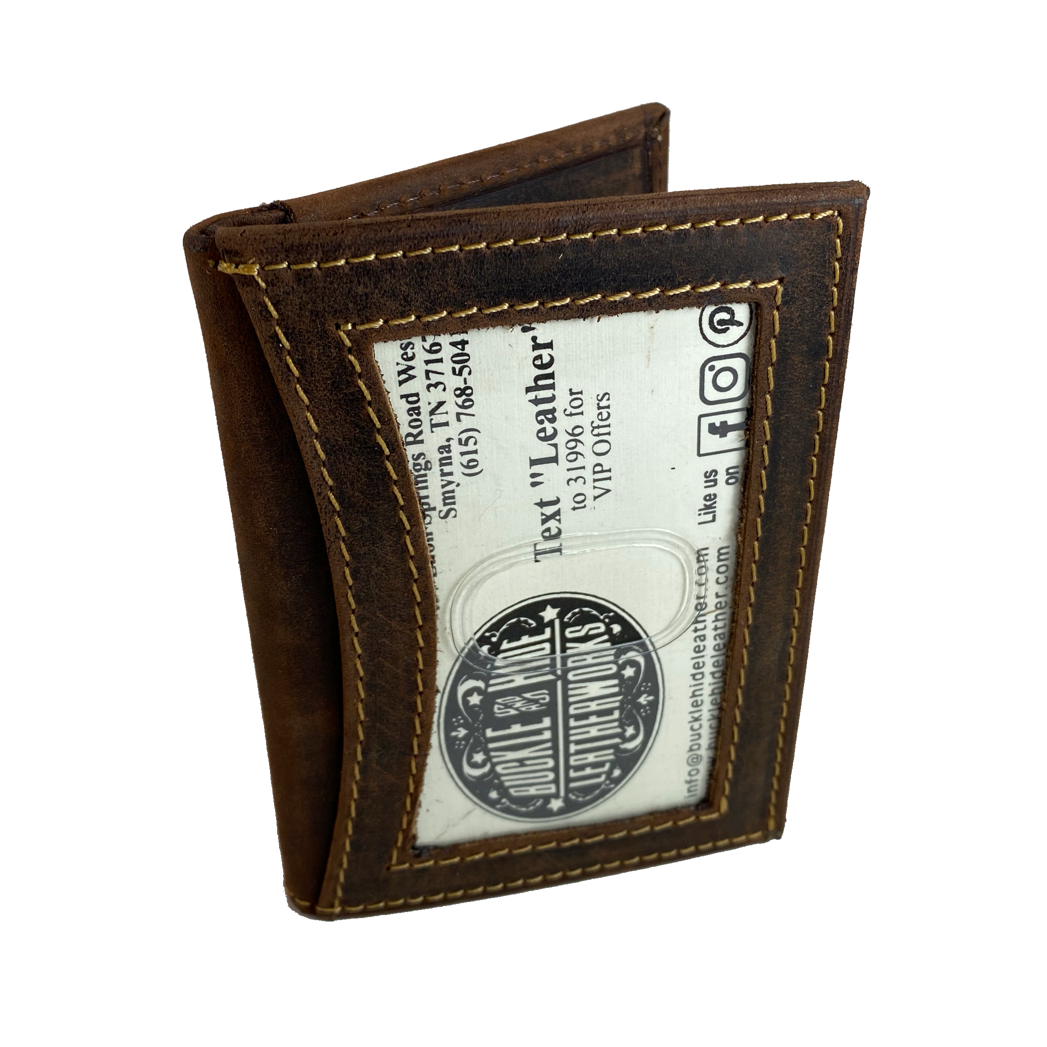 RFID protected Front Pocket Style in popular Distressed Brown with 3 inside card slots, cash pocket and DOUBLE I.D. pockets. one outside one inside, great for drivers license, work I.D. or carry permit. A lot of room for such a small wallet. Though it is imported it is a great value that's Buckle and Hide approved.