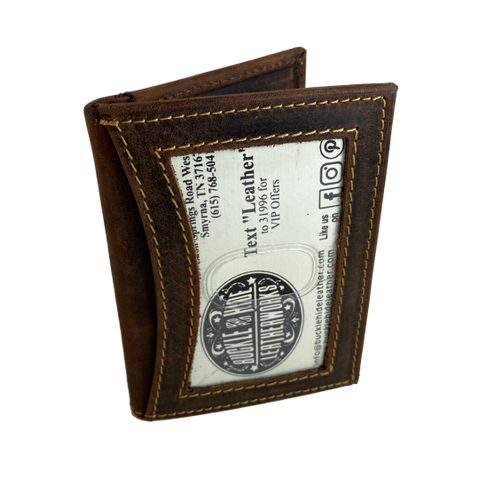 RFID protected Front Pocket Style in popular Distressed Brown with 3 inside card slots, cash pocket and DOUBLE I.D. pockets. one outside one inside, great for drivers license, work I.D. or carry permit. A lot of room for such a small wallet. Though it is imported it is a great value that's Buckle and Hide approved.