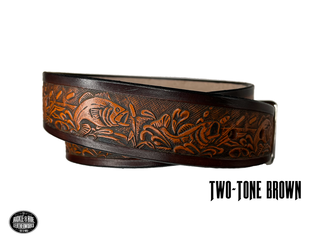 Full grain American vegetable tanned cowhide approx. 1/8"thick. Width 1 1/2" and includes Antique Nickle plated Solid Brass buckle Hand Finished in 3 color options Smooth burnished painted edges