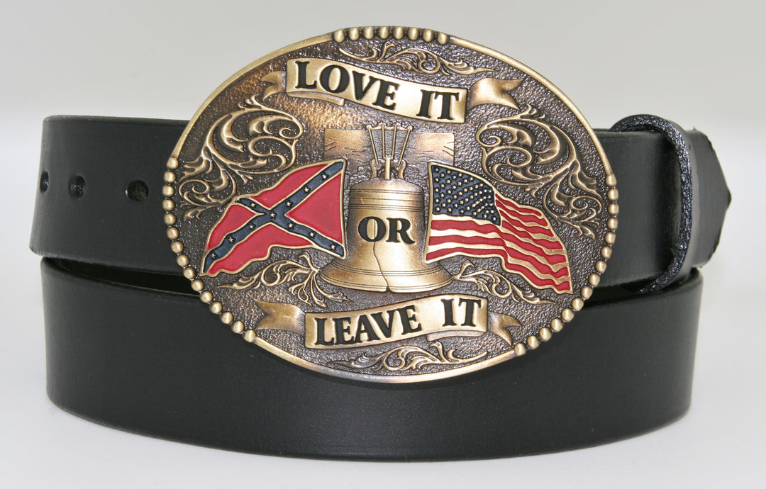 Antique Brass Belt Buckle with Love It or Leave It design Made in Mexico Fits Belts up to 1 3/4" wide Dimensions 3" x 4" Available online and in our retail shop in Smyrna, TN, just outside of Nashville