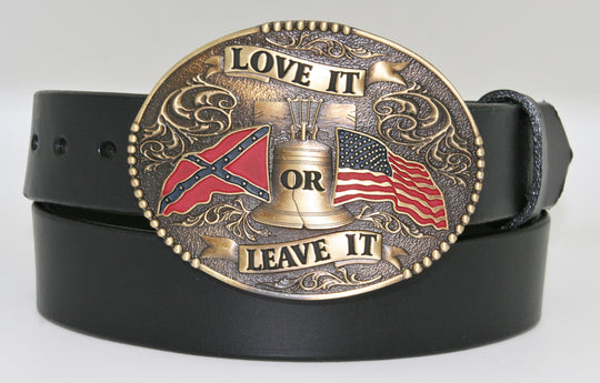 Antique Brass Belt Buckle with Love It or Leave It design Made in Mexico Fits Belts up to 1 3/4" wide Dimensions 3" x 4" Available online and in our retail shop in Smyrna, TN, just outside of Nashville