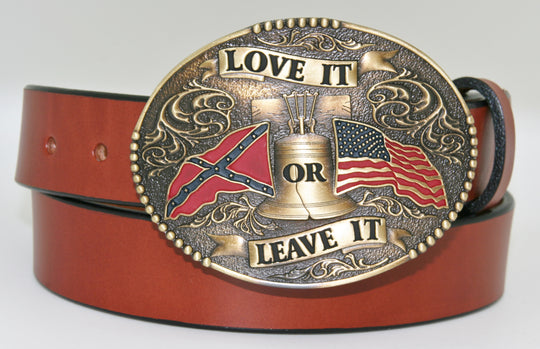 Antique Brass Belt Buckle with Love It or Leave It design Made in Mexico Fits Belts up to 1 3/4" wide Dimensions 3" x 4" Available online and in our retail shop in Smyrna, TN, just outside of Nashville