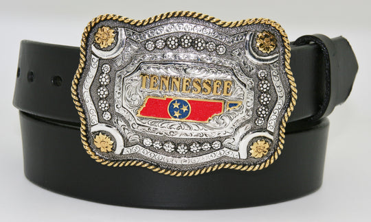 Two Tone Rope Edge Tennessee Belt Buckle Made in Mexico Dimensions 3 1/4" tall by 4 1/4" wide Fits Belts up to 1 3/4" wide Available online and in our shop in Smyrna, TN, just outside of Nashville