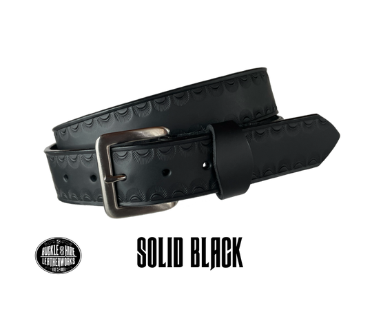 "The Jackson" handmade all leather belt is made from a single strip of Veg-tan cowhide or drum dyed (colored all the way through) Black cowhide shoulder leather.  The Two tone brown is a hand finished Veg-tan that is 9-10 oz., or approx. 1/8" thick.  The width is 1 1/2".  The antique nickel plated solid brass buckle is snapped in place. This belt is made just outside Nashville in Smyrna, TN. Perfect for casual and dress wear, it can be for personal use or for groomsman gifts or other gifts as well. 