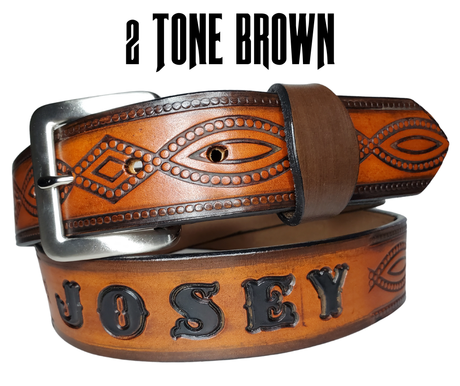 "The Good, Bad, and the Ugly" is a professionally crafted, genuine leather belt made from 8-10 oz cowhide shoulder leather, approximately 1/8" thick. It boasts a hand burnished edge, Diamond center, and rope edge pattern, along with a multi-step dye and finishing technique. The antique nickel plated solid brass buckle is affixed with heavy snaps. This belt is crafted near Nashville, TN in Smyrna.