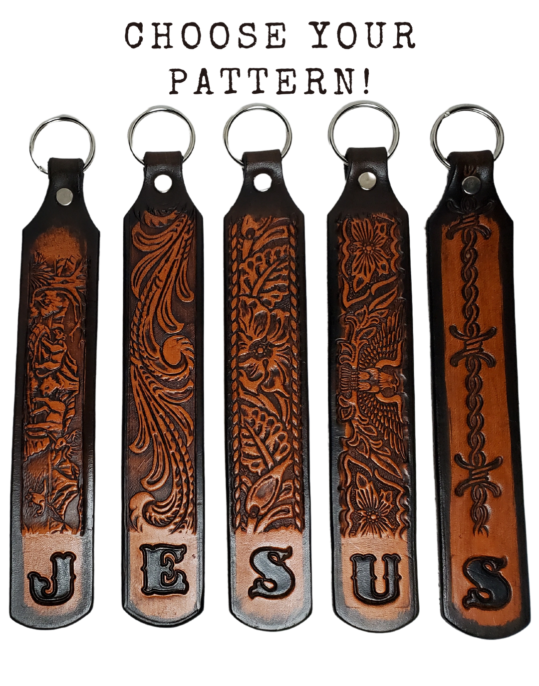 Our Customizable "1975" Longer Leather keychain embossed similar to our popular belts.  Great for identifying luggage, backpacks, or your keys! Available in the below choices All colored in our popular 2 TONE BROWN, pick one or a few. Made in our Smyrna, TN shop. Please type desired name in CUSTOM box.   Measures...approx. 1" x 7"