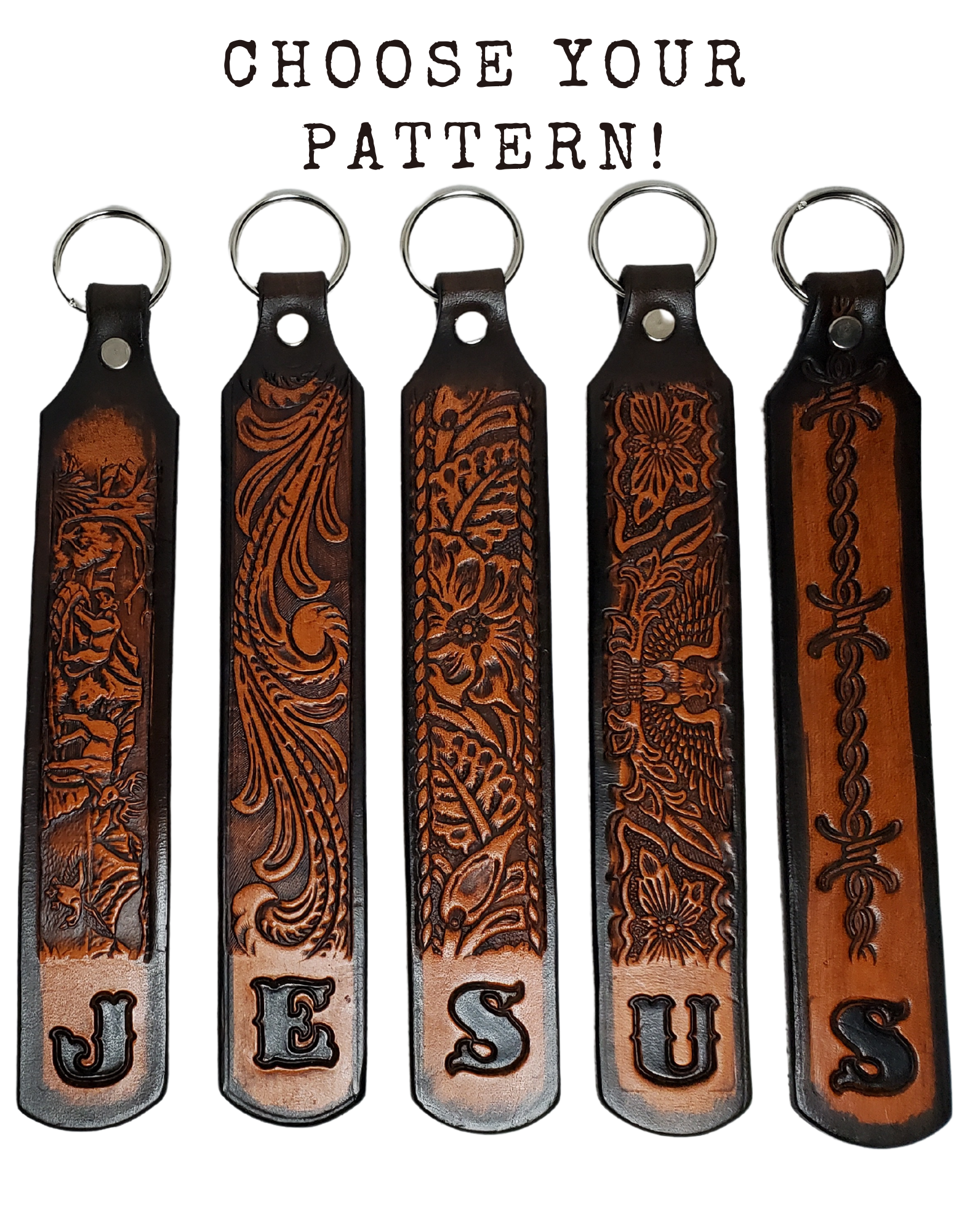 Our Customizable "1975" Longer Leather keychain embossed similar to our popular belts.  Great for identifying luggage, backpacks, or your keys! Available in the below choices All colored in our popular 2 TONE BROWN, pick one or a few. Made in our Smyrna, TN shop. Please type desired name in CUSTOM box.   Measures...approx. 1" x 7"