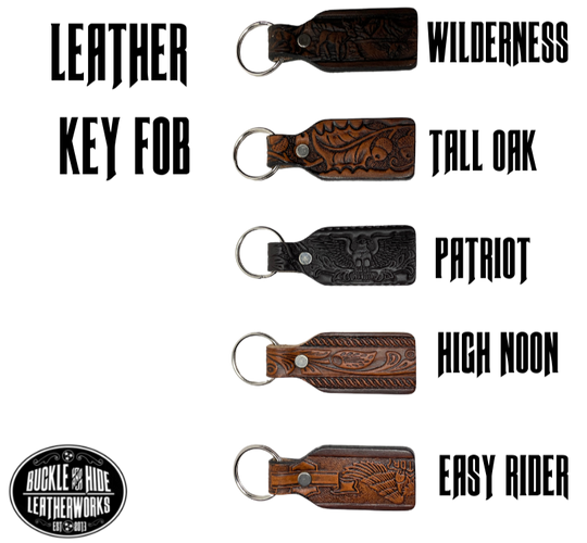 Small Leather keychain embossed just like our popular belts.  Great for identifying luggage, backpacks, or you keys! Available in the below choices, pick one or a few. Made in our Smyrna Tn. shop.