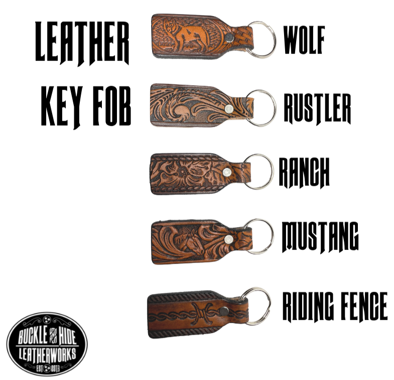 Small Leather keychain embossed just like our popular belts.  Great for identifying luggage, backpacks, or you keys! Available in the below choices, pick one or a few. Made in our Smyrna Tn. shop.