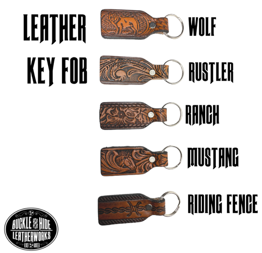 Small Leather keychain embossed just like our popular belts.  Great for identifying luggage, backpacks, or you keys! Available in the below choices, pick one or a few. Made in our Smyrna Tn. shop.