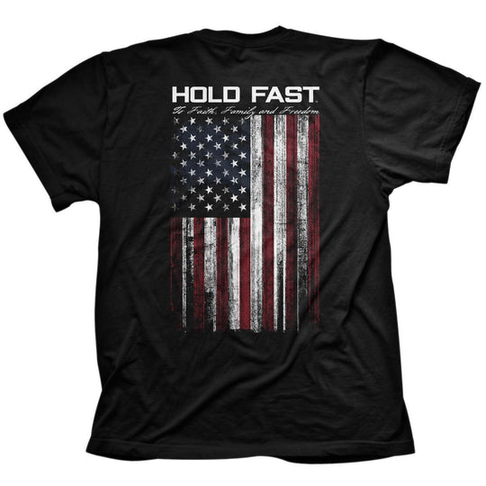 Hold fast to your faith in God and the enduring strength of our great nation in this very soft “Flag” T-Shirt by Hold Fast™ in Black. Hold fast to faith, family, and freedom. We can celebrate these things because of the sacrifice of those who serve in the United States Armed Forces, and ultimately because of the sacrifice of our Lord and Savior, Jesus Christ. Available online and in our retail shop in Smyrna, TN.