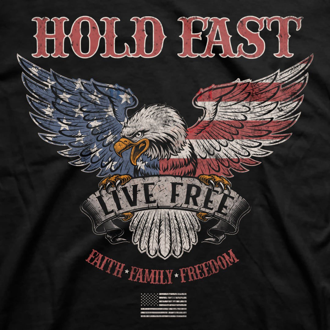 Color: Black 100% ringspun cotton, lightweight 4.3 oz. premium fabric Design on front; flag design on left sleeve Trimmer fit through shoulder and sleeve; fashion collar Shoulder-to-shoulder taping Double-needle stitching at sleeve and bottom hem High quality printed Christian t-shirt