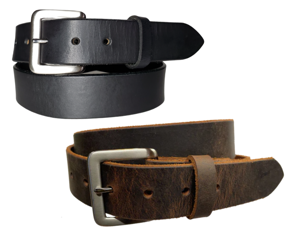 Our Kids/Youth Belt is available as a Combo or as just buy one! It's a great choice who just needs a simple belt for school or if you have you r own buckle already. We use the same Full grain Distressed Brown Water Buffalo or Black cowhide leather as our adult version. The width is 1 1/4" and the buckle snaps in place for easy changing if desired. Choose a Black or Distressed Brown Leather belt for the Combo. Made in our Smyrna, TN, USA shop.  NO names on this belt.    