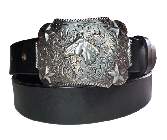 Our Kids/Youth Belt Combo is a great choice who's wants to be like dad or mom! Belt leather that is approx. 1/8"thick. The width is 1 1/4" and this Combo includes a 2" x 2 1/2" sized Western styled Nickle plated Rectangle shaped buckle with a Horsehead framed with Stars completed with a rope edge. Buckle snaps in place for easy changing if desired. Choose a Black or Distressed Brown Leather belt for the Combo. Made in our Smyrna, TN, USA shop. NO names on this belt.           