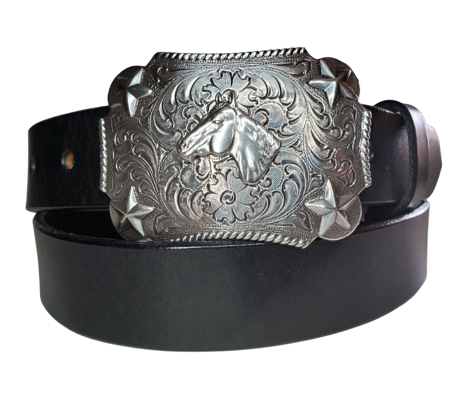 Our Kids/Youth Belt Combo is a great choice who's wants to be like dad or mom! Belt leather that is approx. 1/8"thick. The width is 1 1/4" and this Combo includes a 2" x 2 1/2" sized Western styled Nickle plated Rectangle shaped buckle with a Horsehead framed with Stars completed with a rope edge. Buckle snaps in place for easy changing if desired. Choose a Black or Distressed Brown Leather belt for the Combo. Made in our Smyrna, TN, USA shop. NO names on this belt.           