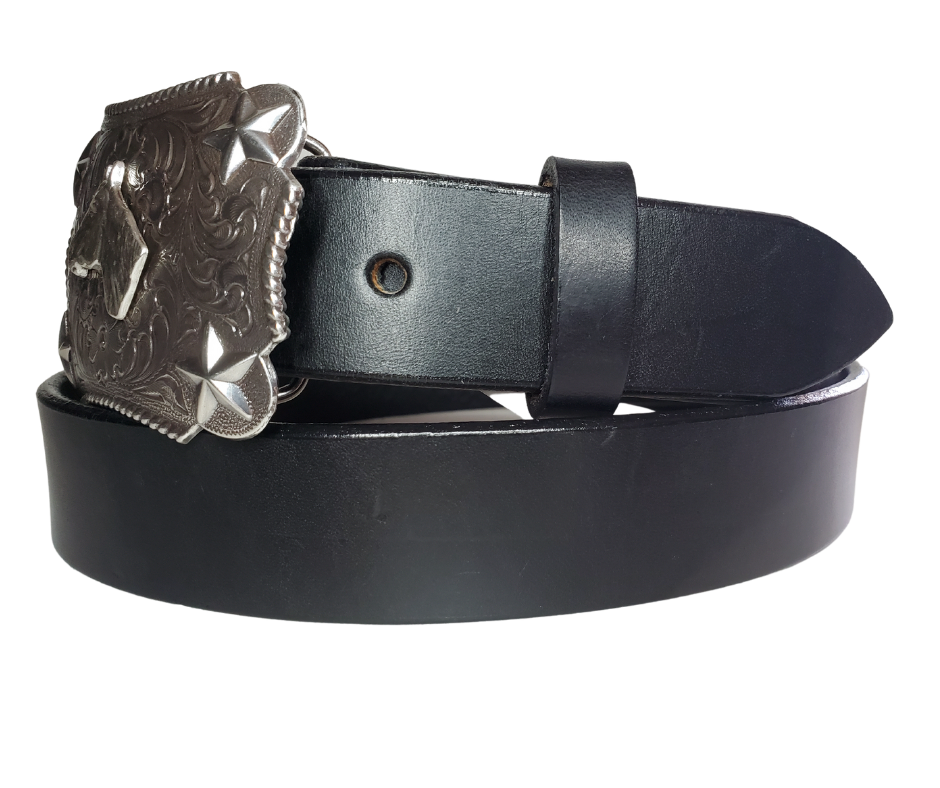 Our Kids/Youth Belt Combo is a great choice who's wants to be like dad or mom! Belt leather that is approx. 1/8"thick. The width is 1 1/4" and this Combo includes a 2" x 2 1/2" sized Western styled Nickle plated Rectangle shaped buckle with a Horsehead framed with Stars completed with a rope edge. Buckle snaps in place for easy changing if desired. Choose a Black or Distressed Brown Leather belt for the Combo. Made in our Smyrna, TN, USA shop. NO names on this belt.           