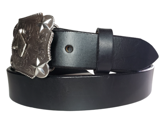 Our Kids/Youth Belt Combo is a great choice who's wants to be like dad or mom! Belt leather that is approx. 1/8"thick. The width is 1 1/4" and this Combo includes a 2" x 2 1/2" sized Western styled Nickle plated Rectangle shaped buckle with a Horsehead framed with Stars completed with a rope edge. Buckle snaps in place for easy changing if desired. Choose a Black or Distressed Brown Leather belt for the Combo. Made in our Smyrna, TN, USA shop. NO names on this belt.           