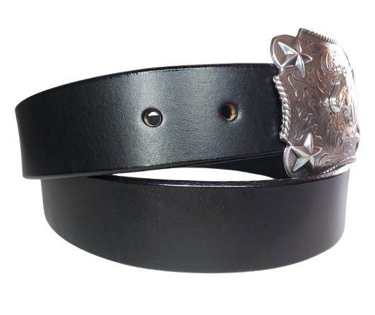 Our Kids/Youth Belt Combo is a great choice who's wants to be like dad or mom! Belt leather that is approx. 1/8"thick. The width is 1 1/4" and this Combo includes a 2" x 2 1/2" sized Western styled Nickle plated Rectangle shaped buckle with a Horsehead framed with Stars completed with a rope edge. Buckle snaps in place for easy changing if desired. Choose a Black or Distressed Brown Leather belt for the Combo. Made in our Smyrna, TN, USA shop. NO names on this belt.           