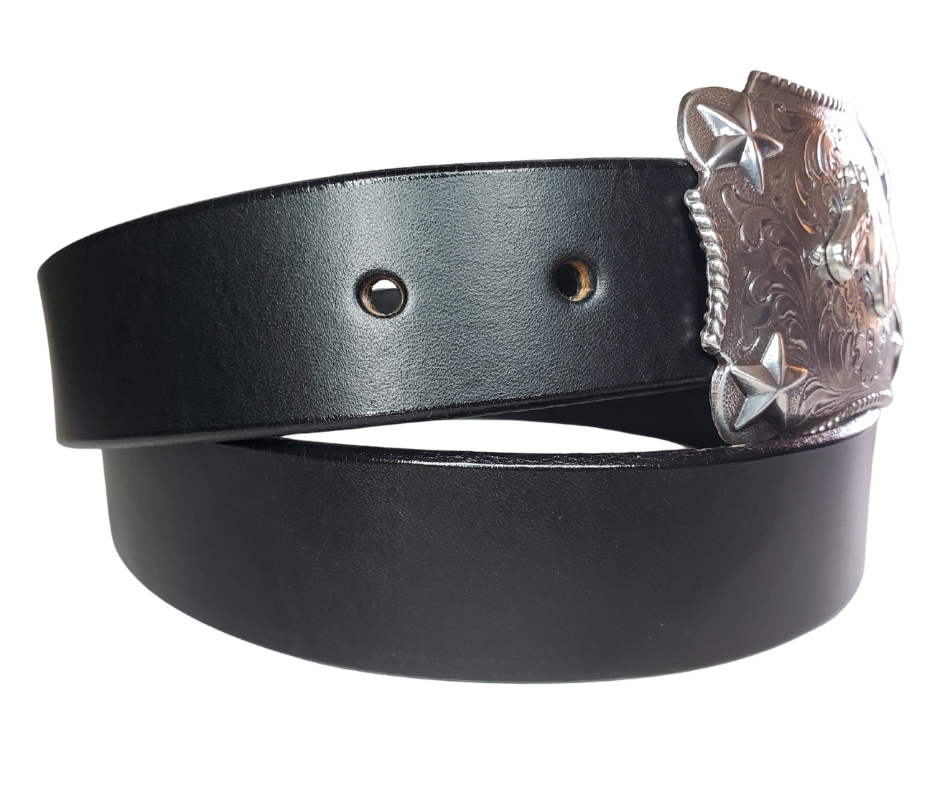 Our Kids/Youth Belt Combo is a great choice who's wants to be like dad or mom! Belt leather that is approx. 1/8"thick. The width is 1 1/4" and this Combo includes a 2" x 2 1/2" sized Western styled Nickle plated Rectangle shaped buckle with a Horsehead framed with Stars completed with a rope edge. Buckle snaps in place for easy changing if desired. Choose a Black or Distressed Brown Leather belt for the Combo. Made in our Smyrna, TN, USA shop. NO names on this belt.           