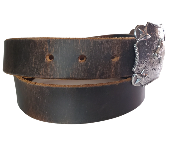 Our Kids/Youth Belt Combo is a great choice who's wants to be like dad or mom! Belt leather that is approx. 1/8"thick. The width is 1 1/4" and this Combo includes a 2" x 2 1/2" sized Western styled Nickle plated Rectangle shaped buckle with a Horsehead framed with Stars completed with a rope edge. Buckle snaps in place for easy changing if desired. Choose a Black or Distressed Brown Leather belt for the Combo. Made in our Smyrna, TN, USA shop. NO names on this belt.           