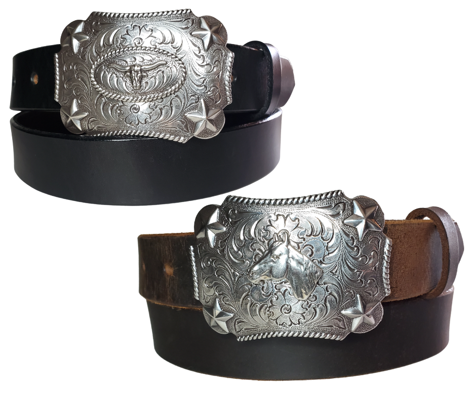 Our Kids/Youth Belt Combo is a great choice who's wants to be like dad or mom! Belt leather that is approx. 1/8"thick. The width is 1 1/4" and this Combo includes a 2" x 2 1/2" sized Western styled Nickle plated Rectangle shaped buckle with a Horsehead framed with Stars completed with a rope edge. Buckle snaps in place for easy changing if desired. Choose a Black or Distressed Brown Leather belt for the Combo. Made in our Smyrna, TN, USA shop. NO names on this belt.           