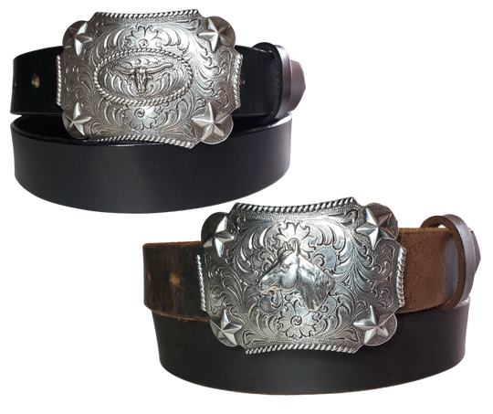 Our Kids/Youth Belt Combo is a great choice who's wants to be like dad or mom! Belt leather that is approx. 1/8"thick. The width is 1 1/4" and this Combo includes a 2" x 2 1/2" sized Western styled Nickle plated Rectangle shaped buckle with a Horsehead framed with Stars completed with a rope edge. Buckle snaps in place for easy changing if desired. Choose a Black or Distressed Brown Leather belt for the Combo. Made in our Smyrna, TN, USA shop. NO names on this belt.           