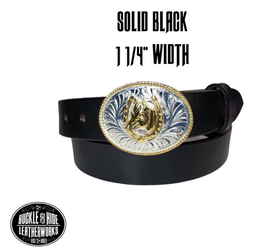 Our Kids/Youth Belt Combo is a great choice who's wants to be like dad or mom! Full grain Distressed Brown Water Buffalo or Black cowhide leather that is approx. 1/8"thick. The width is 1 1/4" and this Combo includes a 2" x 2 1/2" sized Western styled Nickle plated oval shaped buckle with a Horsehead framed in a Horseshoe completed with a rope edge. Buckle snaps in place for easy changing if desired. Choose a Black or Distressed Brown Leather belt for the Combo. Made in our Smyrna, TN, USA shop.    