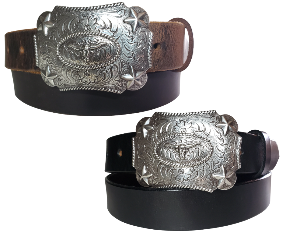 Our Kids/Youth Belt Combo is a great choice who's wants to be like dad or mom! Belt leather that is approx. 1/8"thick. The width is 1 1/4" and this Combo includes a 2" x 2 1/2" sized Western styled Nickle plated Rectangle shaped buckle with a Longhorn framed with Stars completed with a rope edge. Buckle snaps in place for easy changing if desired. Choose a Black or Distressed Brown Leather belt for the Combo. Made in our Smyrna, TN, USA shop. NO names on this belt. 