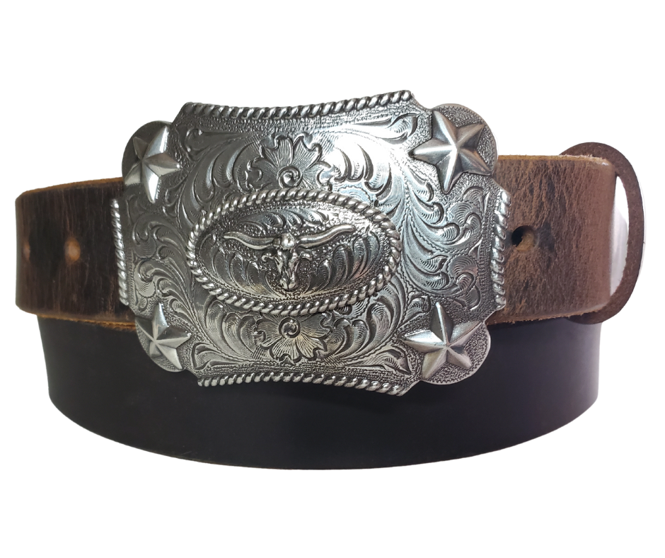 Our Kids/Youth Belt Combo is a great choice who's wants to be like dad or mom! Belt leather that is approx. 1/8"thick. The width is 1 1/4" and this Combo includes a 2" x 2 1/2" sized Western styled Nickle plated Rectangle shaped buckle with a Longhorn framed with Stars completed with a rope edge. Buckle snaps in place for easy changing if desired. Choose a Black or Distressed Brown Leather belt for the Combo. Made in our Smyrna, TN, USA shop. NO names on this belt. 