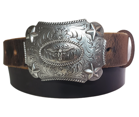 Our Kids/Youth Belt Combo is a great choice who's wants to be like dad or mom! Belt leather that is approx. 1/8"thick. The width is 1 1/4" and this Combo includes a 2" x 2 1/2" sized Western styled Nickle plated Rectangle shaped buckle with a Longhorn framed with Stars completed with a rope edge. Buckle snaps in place for easy changing if desired. Choose a Black or Distressed Brown Leather belt for the Combo. Made in our Smyrna, TN, USA shop. NO names on this belt. 